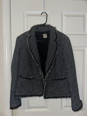 Anne Klein Black & Gray Tweed Frayed-Trim Cropped Blazer